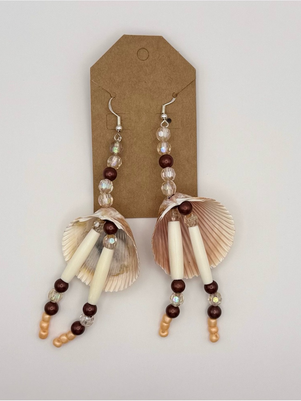 Handmade Shell & Bead Drop Earrings - Cream and Brown